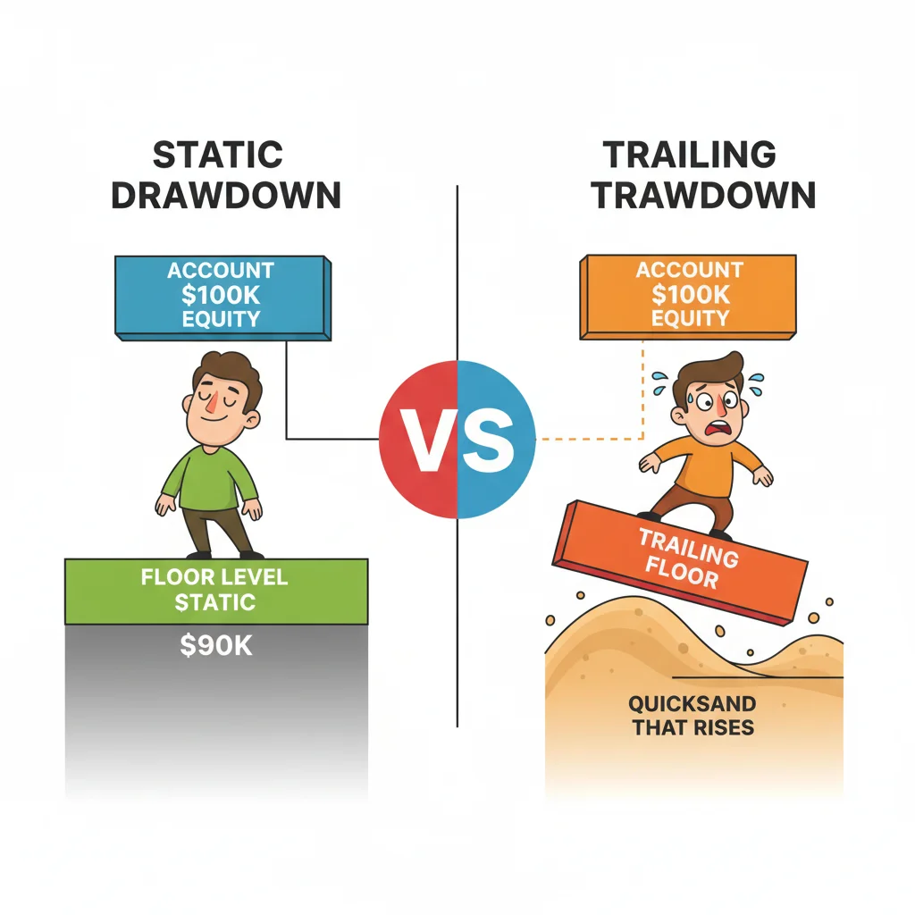 Cartoon comparison: calm trader with fixed floor vs. panicked trader with rising floor