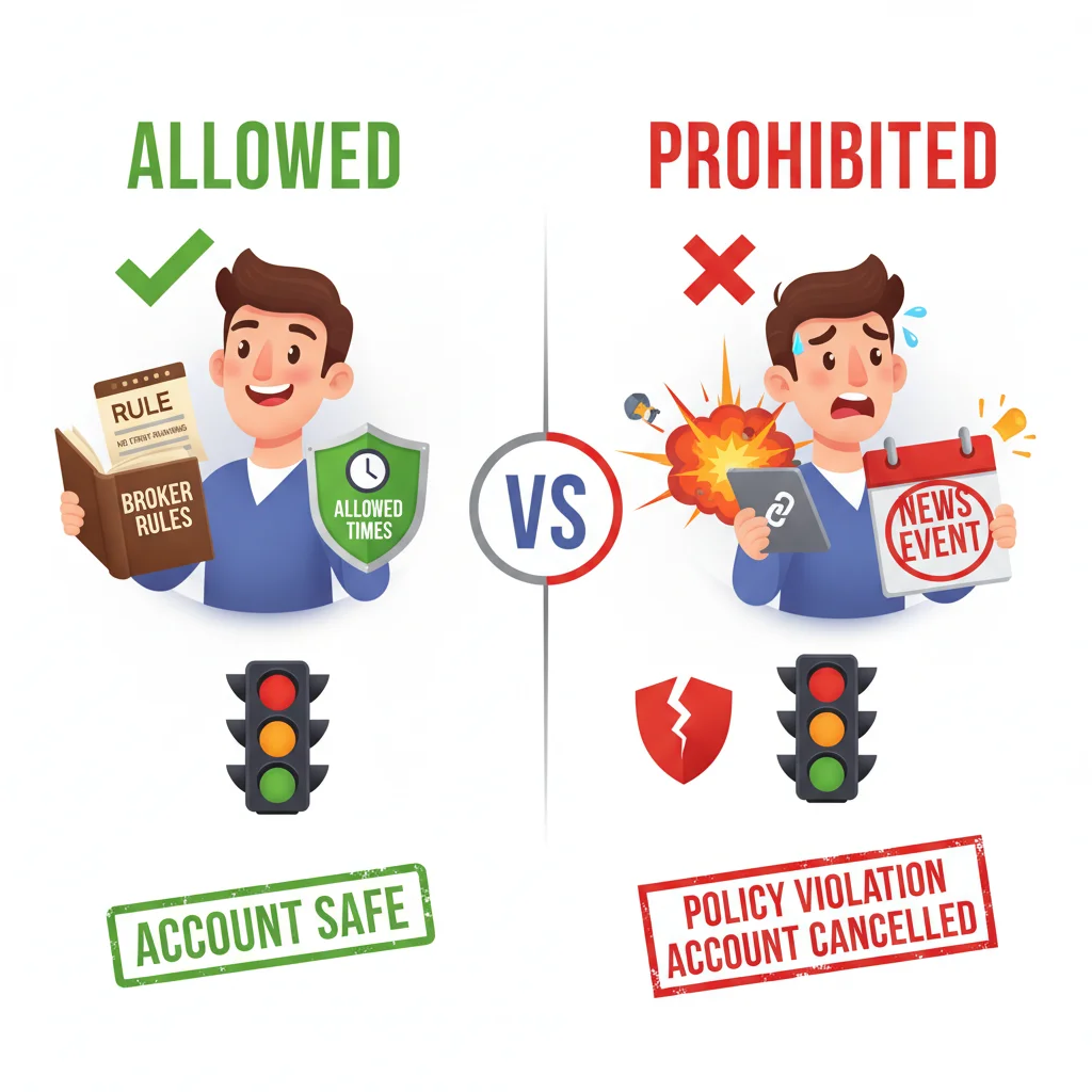 Side-by-side comparison: compliant trader following broker news rules vs panicked trader getting account cancelled for policy violation