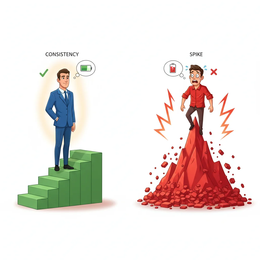 Two traders: one calm on steady green staircase, one panicked on chaotic red spike. Representing consistency vs volatility in prop firm evaluations.