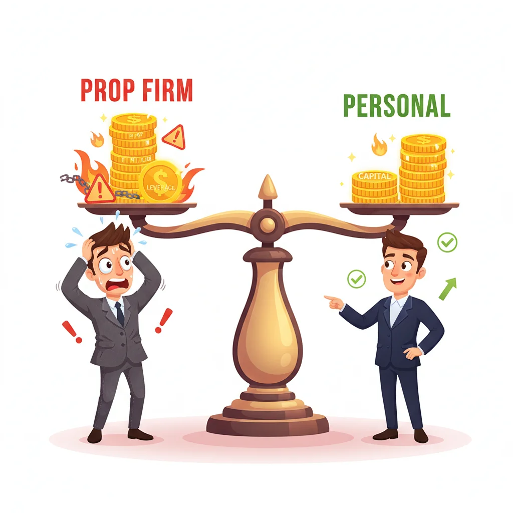 Balance scale comparing stressed prop firm trader on left with calm personal account trader on right, illustrating trade-offs between leverage and freedom.